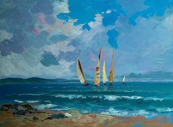 Image 1 of Original Oil Painting: Boat on Sea - Sailboats at Sea