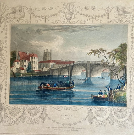 Image 1 of Pair of Antique Hand-Coloured English Engravings by Tombleson – Marlow & Henley – Framed Views of the Thames – c.1830-1850