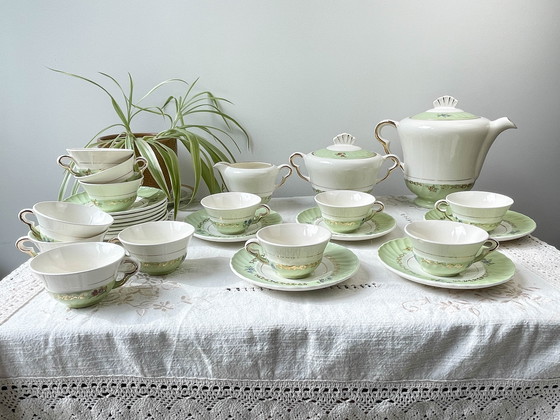 Image 1 of Vintage White Green Gold Salins Porcelain Tea/Coffee Set Made In France