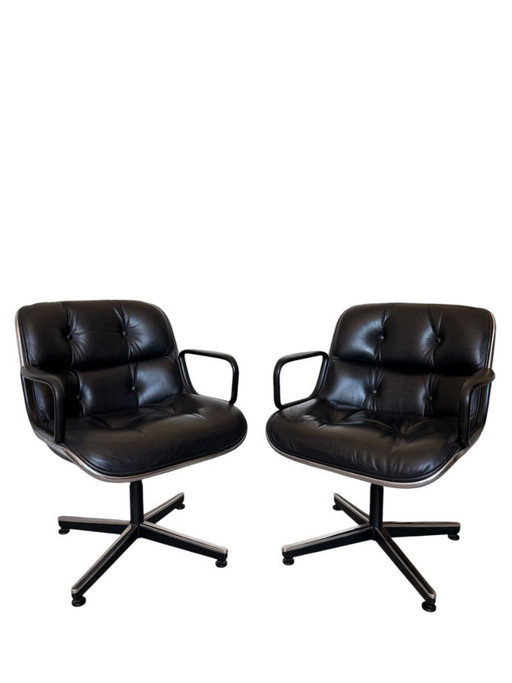 Een paar authentieke Charles Pollock directiestoelen voor Knoll - zwart leer & Skai