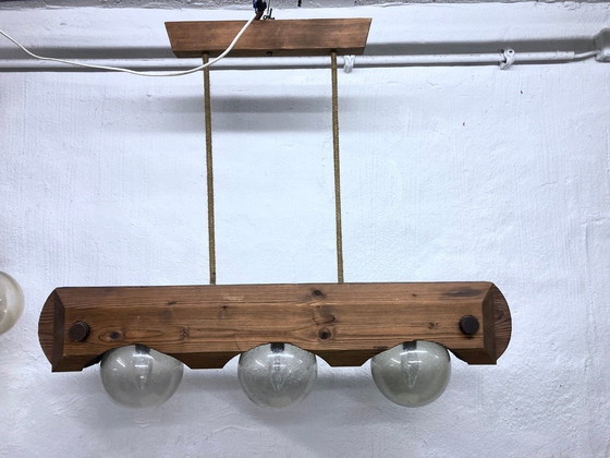 Image 1 of Hanglamp van Temde, gemaakt van hout en glas, met drie lichtpunten, in brutalistische stijl uit de jaren 70.