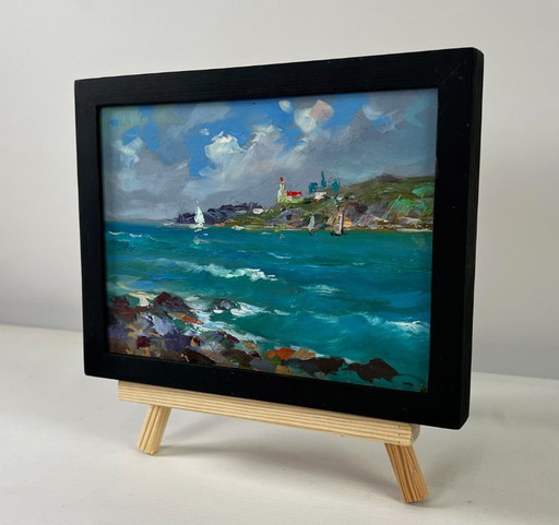 Original Oil Painting Summer Coastal Landscape Sailboats at sea and rocky shore