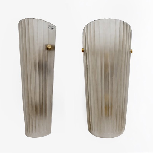 Pair of Murano Glass Wall Sconces Satin Smoke Glass and Brass, Italy
