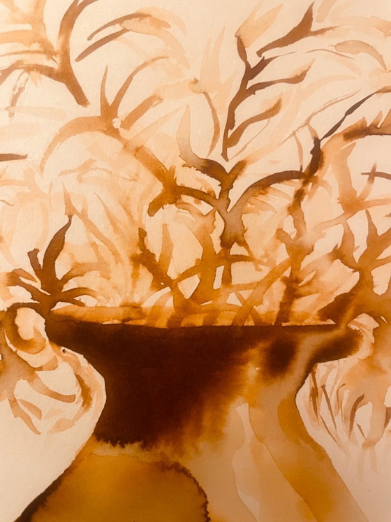 Image 1 of Painting signed, Wabi Sabi vase adorned with dried flowers