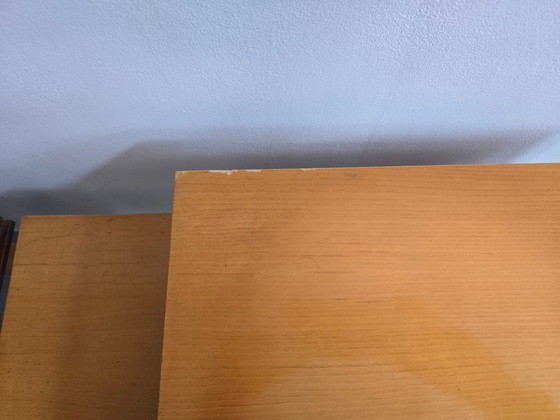 Image 1 of PAIR OF ASYMMETRICAL VINTAGE BEDSIDE TABLES FROM THE 1960s IN VARNISHED BEECH & BRASS