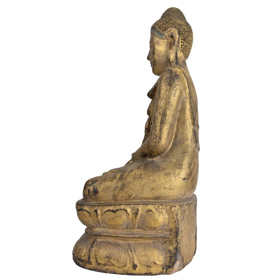 Buda antiguo de madera dorada – Estilo Mandalay de Myanmar – Incrustaciones de vidrio – Esculturas, Wood (photo 7 of 11)