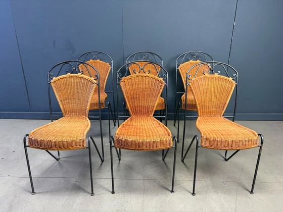 Sillas de mimbre de Frederick Weinberg, década de 1960, juego de 6 – Sillas de comedor, Metal, Wicker (photo 3 of 9)