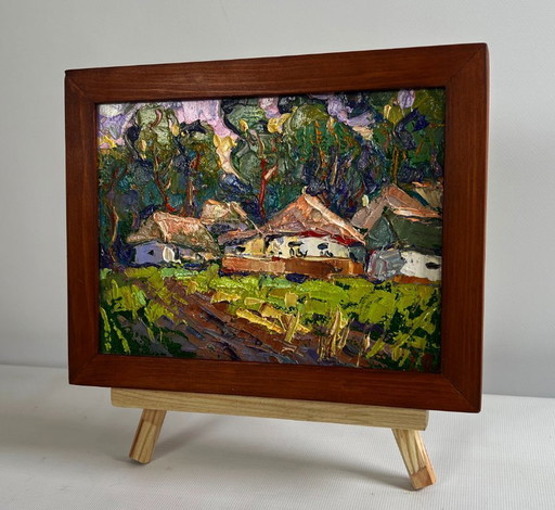 Originales Ölgemälde: Sommerhäuser, Landschaft am Dorfrand