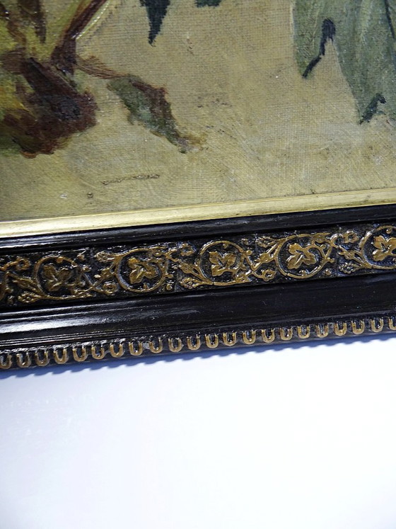 Image 1 of Large antique painting of peonies, signed E. Jacque, late 19th/early 20th century