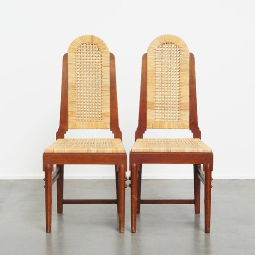 set of 2 wooden Art Deco design dining chairs with wicker seat and back