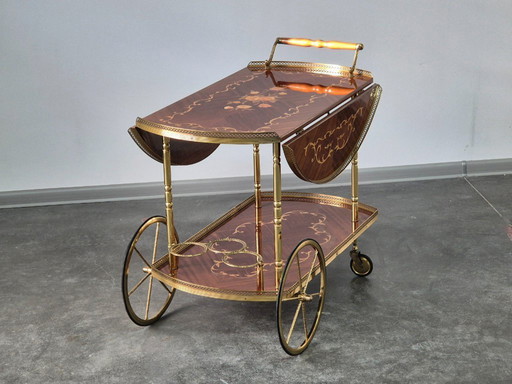 Serving Drink Bar Cart Trolley with side flaps, marquetry inlays, 1970s.