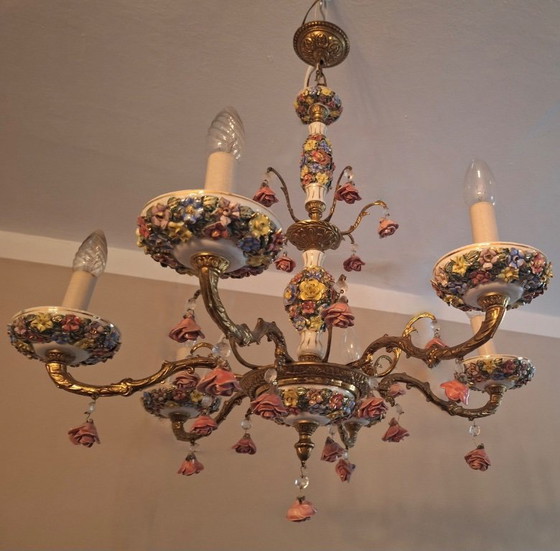 Lustre Vintage Boho à Six Bras en Laiton Doré et Céramique – Ceramic (photo 6 of 9)