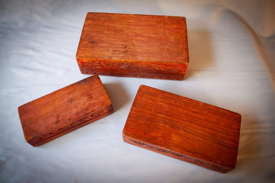Image 1 of Set of antique carved wooden boxes with ivory inlays. New. Suitable for sewing, jewelry, or other purposes.