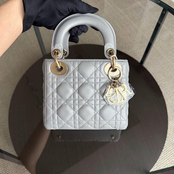 Image 1 of DIOR LADY MINI - CANNAGE LAMBSKIN GRAY GOLD HARDWARE CHAIN STRAP
