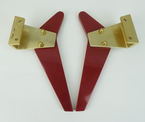 Image 1 of a pair of very rare mid-century door handles push handles red bakelite and aluminum 1950s streamline bungalow