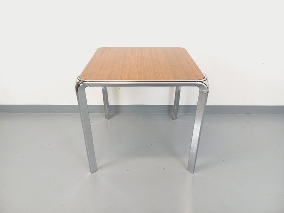 Image 1 of Tavolo da pranzo quadrato vintage Pierre Paulin in palissandro e metallo cromato degli anni '70