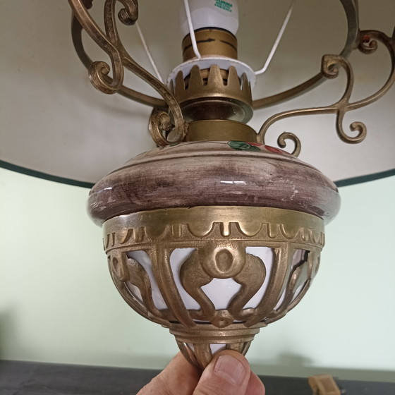 Antique Art Deco Table Lamp with Hand-Painted Earthenware – ca. 1920/1930 (Original Shade) – Bronze (photo 4 of 6)
