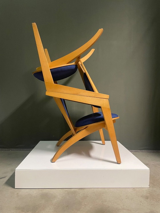 Fauteuil Getama, conçu par Hans J. Wegner, bois et textile bleu, Scandinavian (photo 10 sur 10)