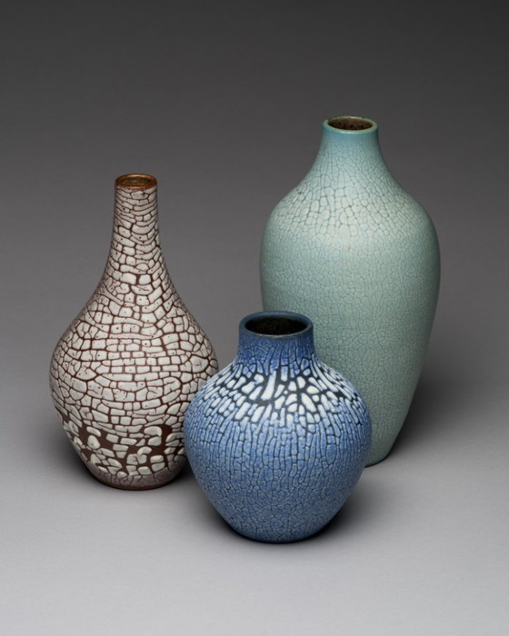 Image 1 of ALBERT KIESSLING "SNAKESKIN" Vase TRIO East German Pottery REDUKTIONSGLASUR GDR