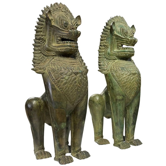 Coppia di Leoni del Tempio Singha Monumentali - Antichissimi Guardiani della Casa - 7,4 kg Bronzo – Sculture (photo 3 of 10)