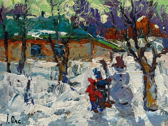 Image 1 of Original Oil Painting Winter Landscape Children are making a snowman