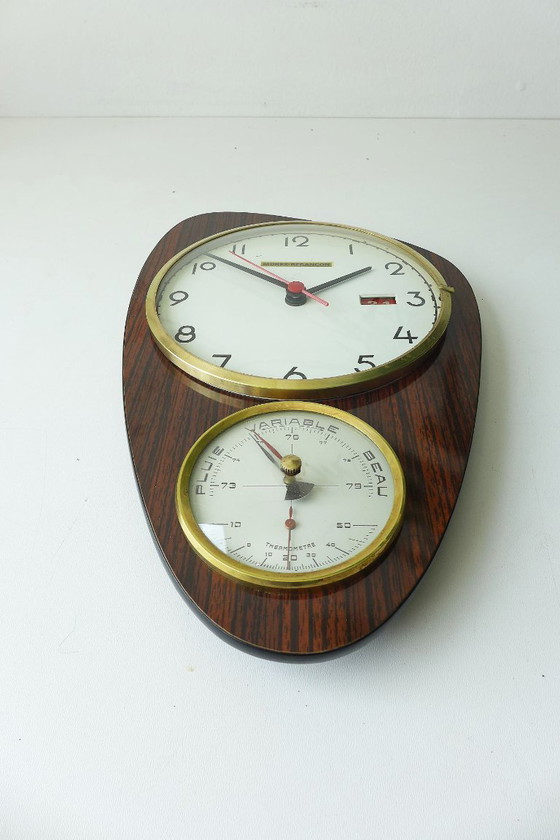 Vintage Wall Clock French Clock with Barometer 60s Retro Space Age Atomic, Morez-Besançon, Wood, Metal, Brown (photo 6 of 9)