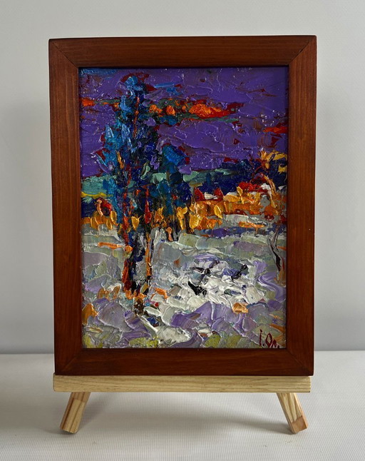 Original-Ölgemälde: Nachtlandschaft mit Schnee, ruhiger Winterabend