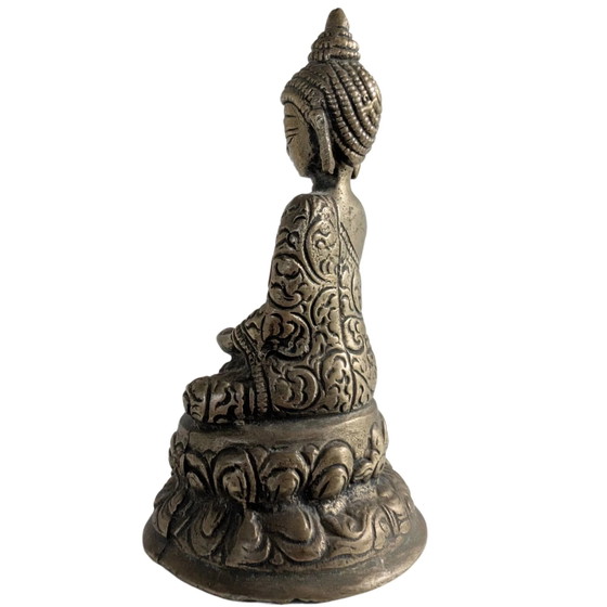 Statua di Buddha in Ottone Antico (10cm) - Bhumisparsha Mudra & Svastica - Nepal – Sculture, Brass (photo 6 of 10)