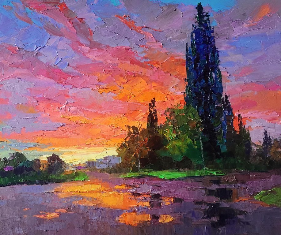 Original Oil Painting Nature Landscape Countryside Morning After