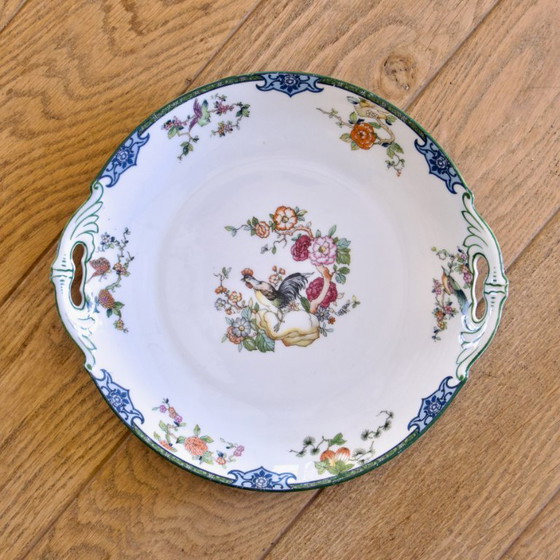 Image 1 of Vintage porseleinen servies uit de jaren 30, versierd met vogels, vlinders en een haan