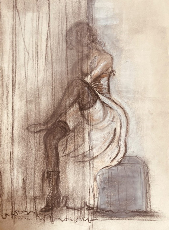 Image 1 of Signed charcoal and white pastel painting, female portrait "fitting"