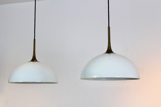 Pair of Brass and White-Opal Glass Pendant Lights by Florian Schulz, Pendant lamps (photo 2 of 11)