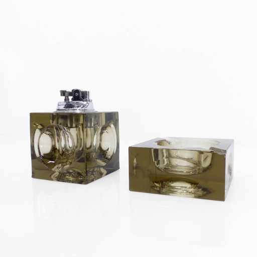 Set cendrier et briquet de table Space Age en verre Murano fumé, Antonio Imperatore, Italie, 1970