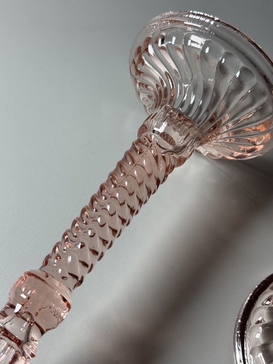 Image 1 of Pair of Art Deco Pink Glass Candlesticks — Pavillons, Belgium, 1920–30s