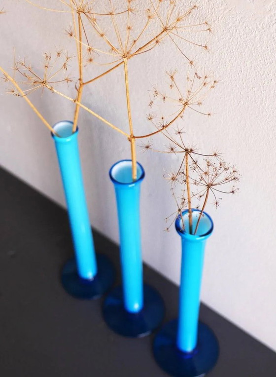 Image 1 of Vintage tall handblown orchid vases in azure blue by Artur Percy for Gullaskruf, 1970s, set of 3