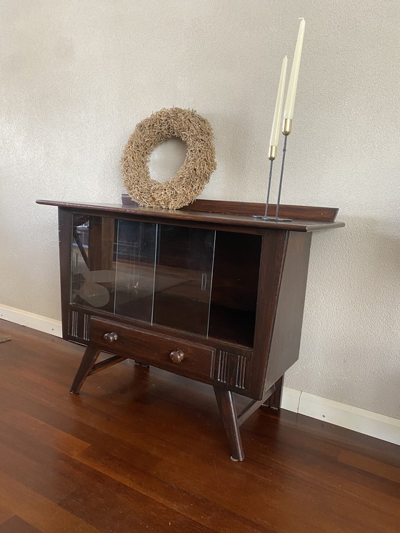 Image 1 of Vintage Mid - Century Dark Wooden Display Case With Sliding Doors