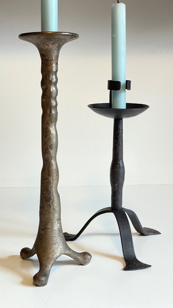Image 1 of Een paar brutalistische vintage stalen kandelaars