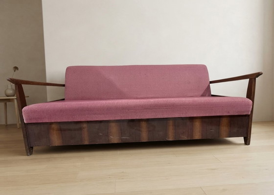 Bordeauxrode opklapbare slaapbank van Edmund Homa, mid-century modern, jaren 60, Tsjechoslowakije, 200 × 88 (photo 6 of 13)