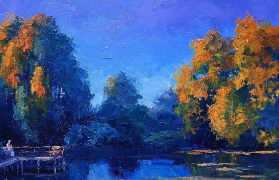 Image 1 of Original Oil Painting Nature Landscape Summer Sunset Evening on the Lake