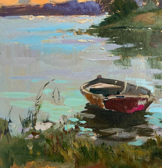 Image 1 of Original Oil Painting Evening Coastal The last rays over the temple