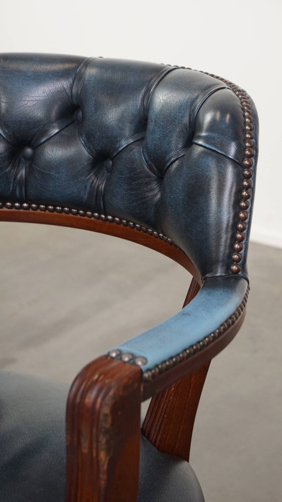 Image 1 of Blue cowhide leather and wood chesterfield office chair in English style