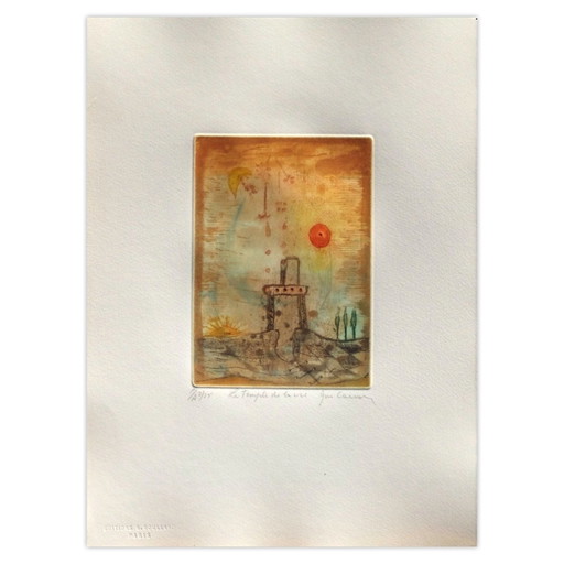 René Carcan ondertekende ets Temple De La Vie 1987 – lithos zeefdrukken, Paper