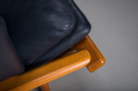 Image 1 of  Danish Teak and Navy Blue Leather 3-Seater Sofa from Komfort, 1970s