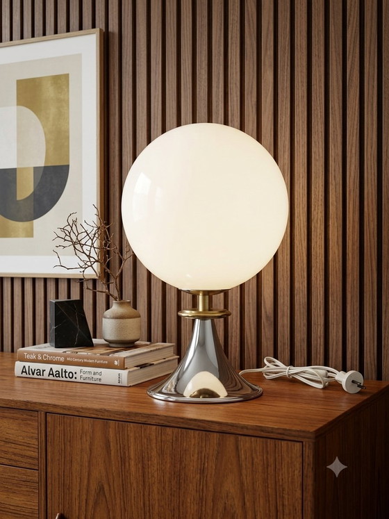 Vintage Space Age Table Lamp – Opaline Glass Globe & Chrome Base – 1970s – Metal (photo 2 of 11)