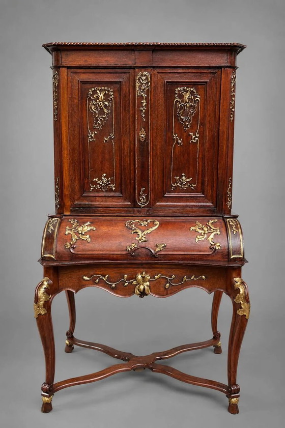 Secretaire in rococostijl. Massief eikenhout, handgeschilderd. Frankrijk. 18e eeuw. – Bureau, Wood (photo 9 of 9)