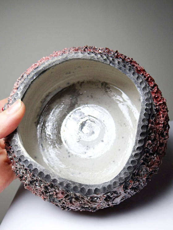 Image 1 of Vintage 2000s handcrafted raku jewelry box in red and grey