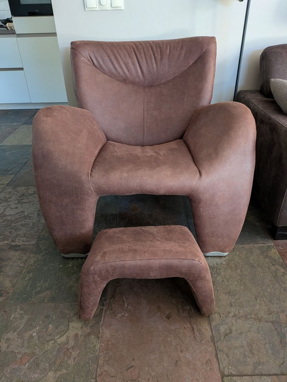 Leolux Echnaton Sessel mit passendem Hocker, neu gepolstert, Stoff, Leder, Braun (Foto 2 von 6)