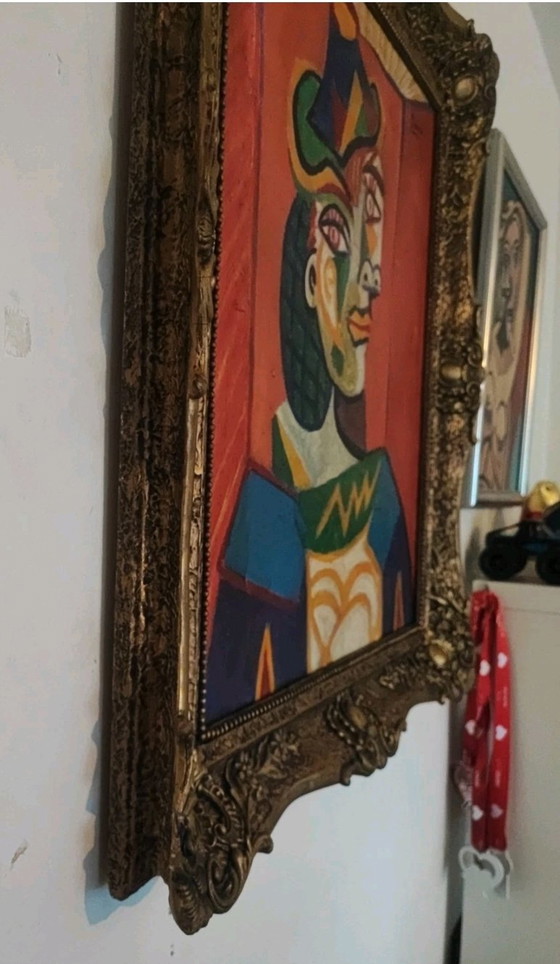 Image 1 of Vintage Cubist Portrait of a Woman in a Hat, Oil on Canvas, Picasso Style