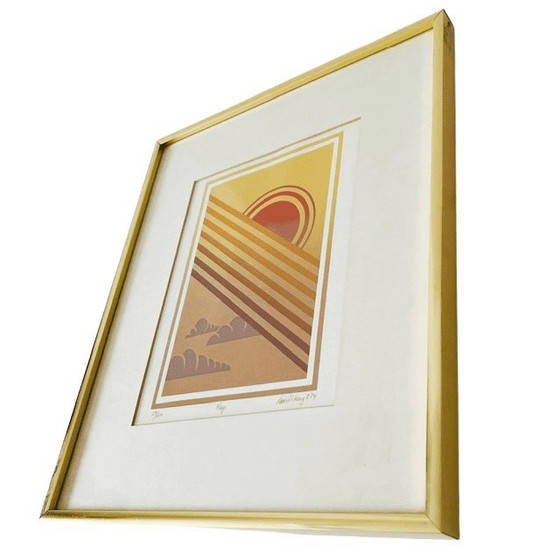 Image 1 of Vintage mid-century modern framed signed Ian W. King art print "Rays" 1974