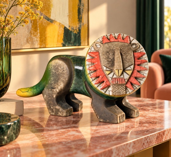 South African Raku Ceramic Lion, African-Inspired Sculpture, Handcrafted Decorative Art, Green (photo 2 of 14)